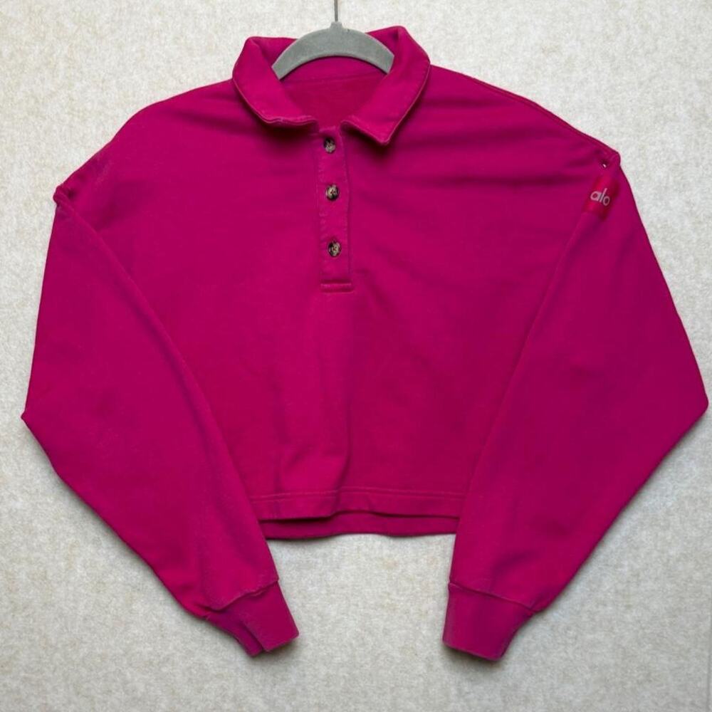 Alo Yoga Polo Henley Pullover Pink Sugar Cropped Long Sleeve Sweatshirt